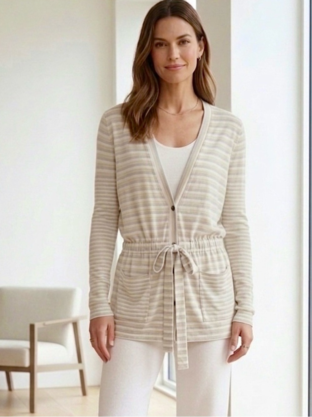 St. John Neutral Striped Soft Knit Cardigan in White Beige and Gray Size Large